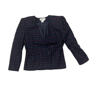 Atrium Collection Womens Plaid Blazer 7/8 Double-Breasted Rayon & Polyester Navy
